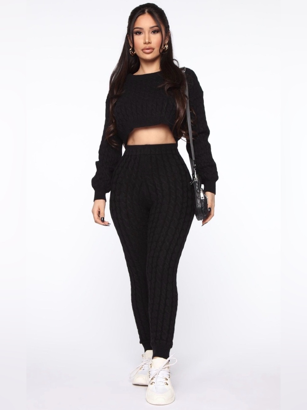 Black Cable Knit Two-Piece Loungewear Set size small